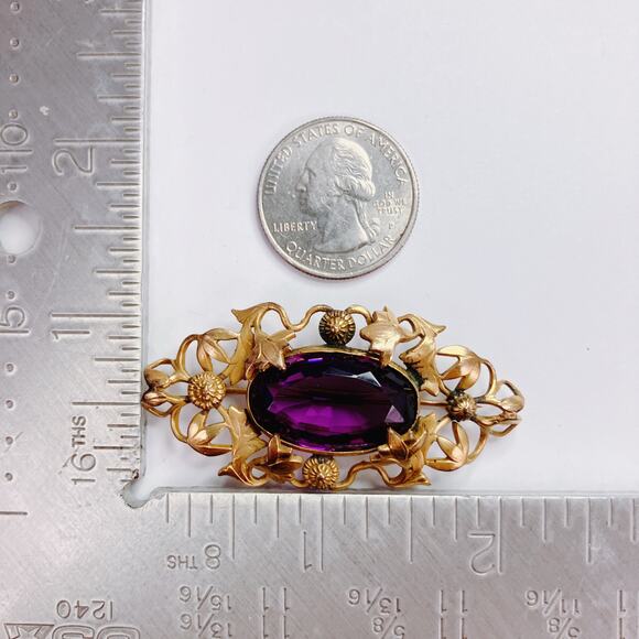 Antique Art Nouveau Gold Tone Ivy Vine Brooch Purple Glass Edwardian 1900s Pin - Picture 11 of 14